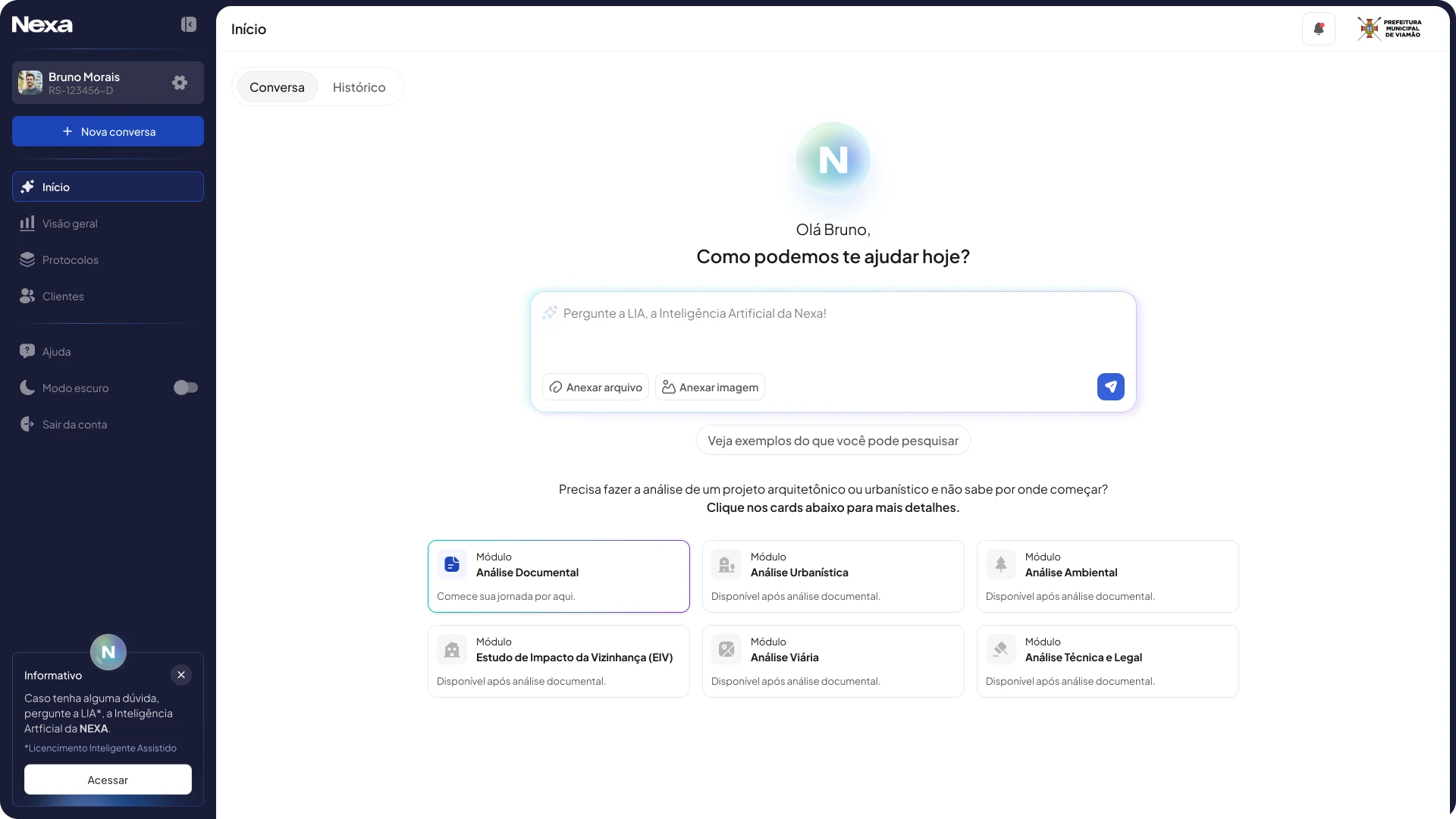 Interface da plataforma Nexa mostrando o assistente LIA e os módulos de análise