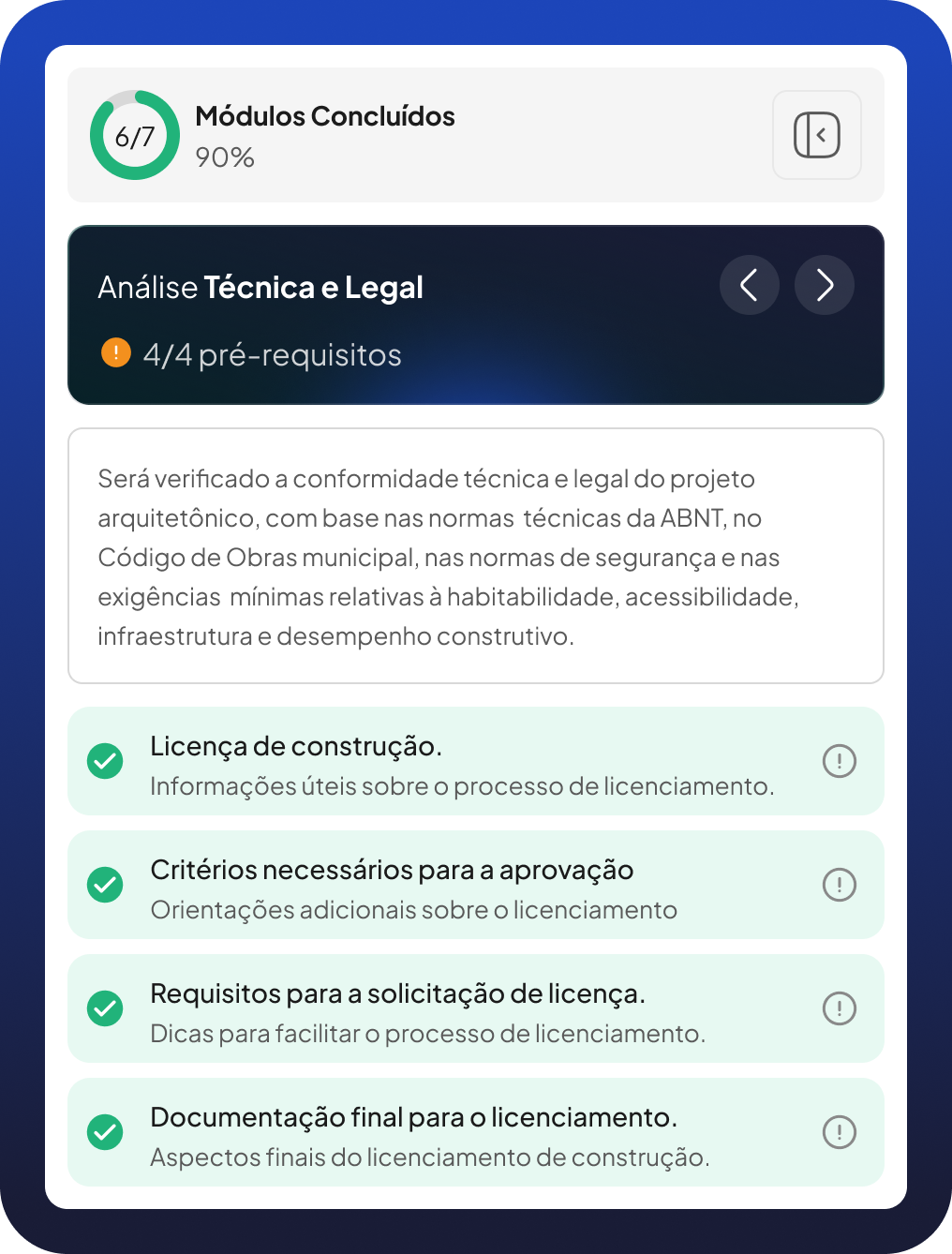 Tela da plataforma Nexa com módulos concluídos, análise técnica e legal e checklist de licenciamento